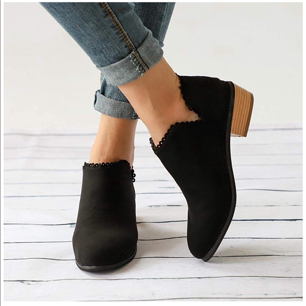 LOW RISE BLACK BOOTIES. BRAND NEW IN PACKAGE